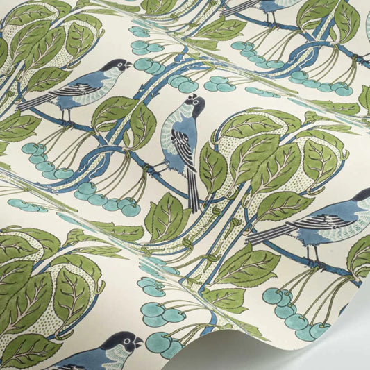 Bird & Cherries Wallpaper - Blue Green