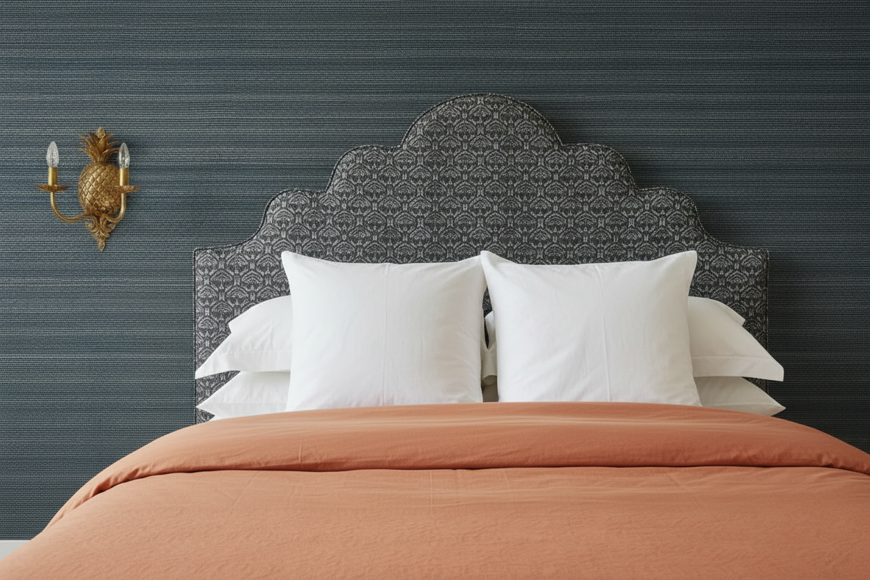Giselle Bedhead Single Pattern with Soft Orange Duvet and Dark Night Grasscloth