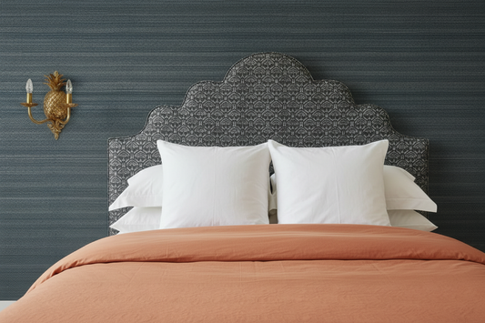 Giselle Bedhead Single Pattern with Soft Orange Duvet and Dark Night Grasscloth