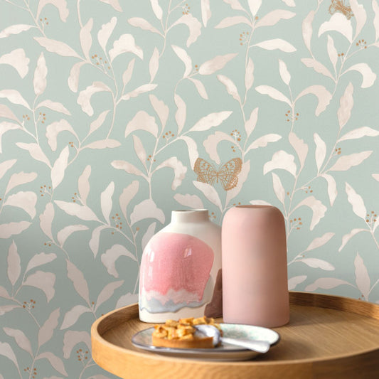 Green Life Sweet Butterfly Wallpaper - Vert D'eau Or - Discontinuing