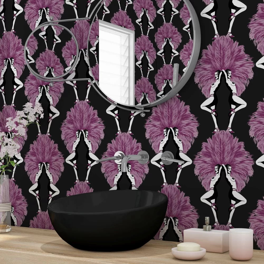 Showgirls Wallpaper - Pink Metallic/Black (Plain Black Background)