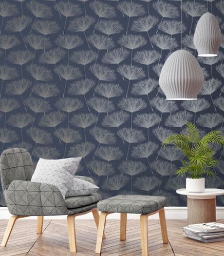 Glistening Fleur Wallpaper - Navy Silver - Discontinuing