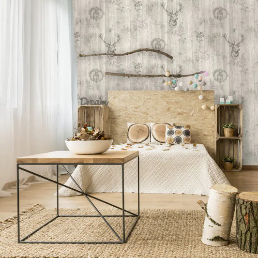 Stag Wood Panel Wallpaper - Beige/Metallic - Discontinuing