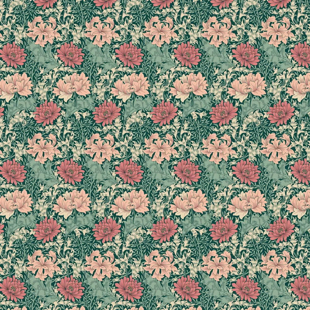 Chrysanthemum - Eden by Morris Wallpaper - Green/Pink
