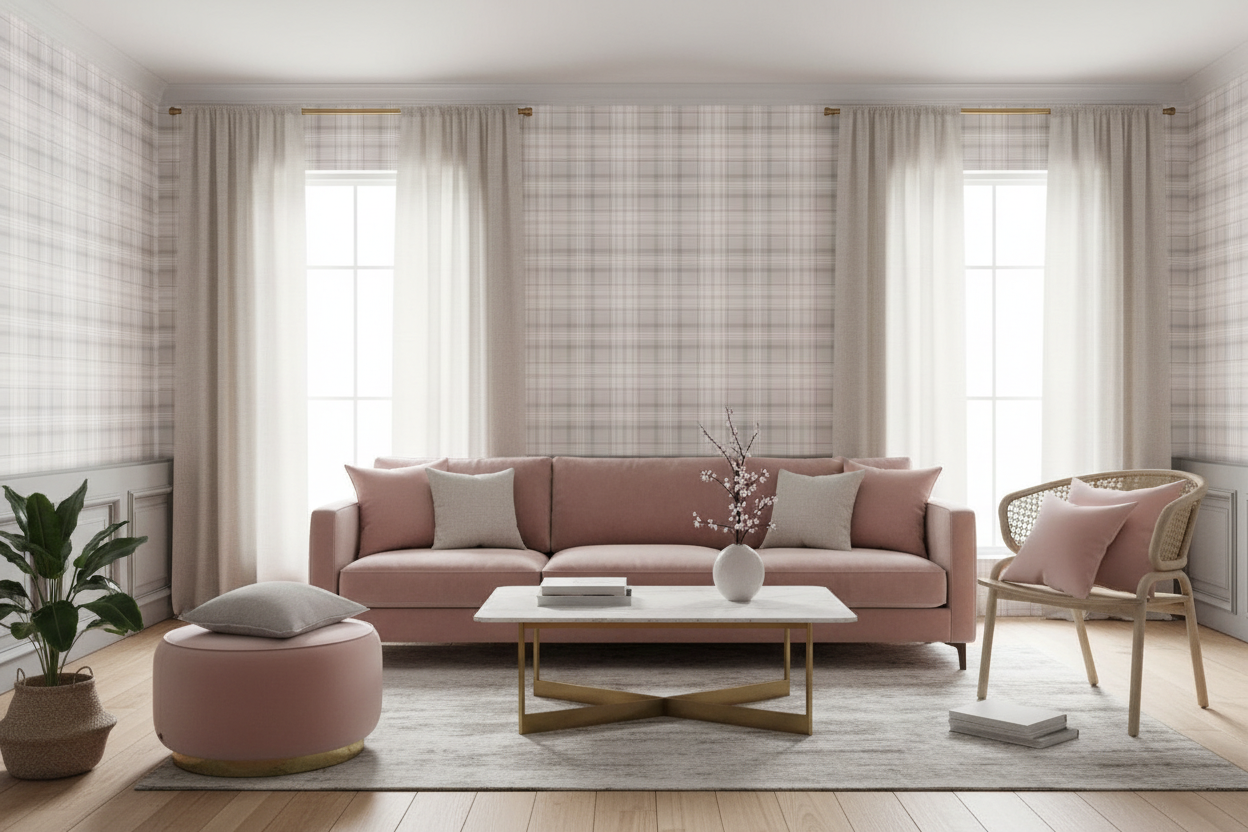 Kirkham Check Pink Plaid Wallpaper Room Shot