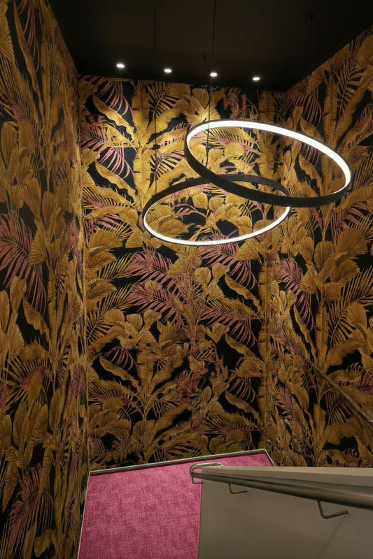 Large Palm Trees - Pink Carpet Black Ceiling Stairwell