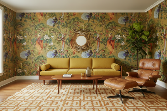 Mid-century lounge with Yasuni Ochre Wallpaper, no plant or lamp