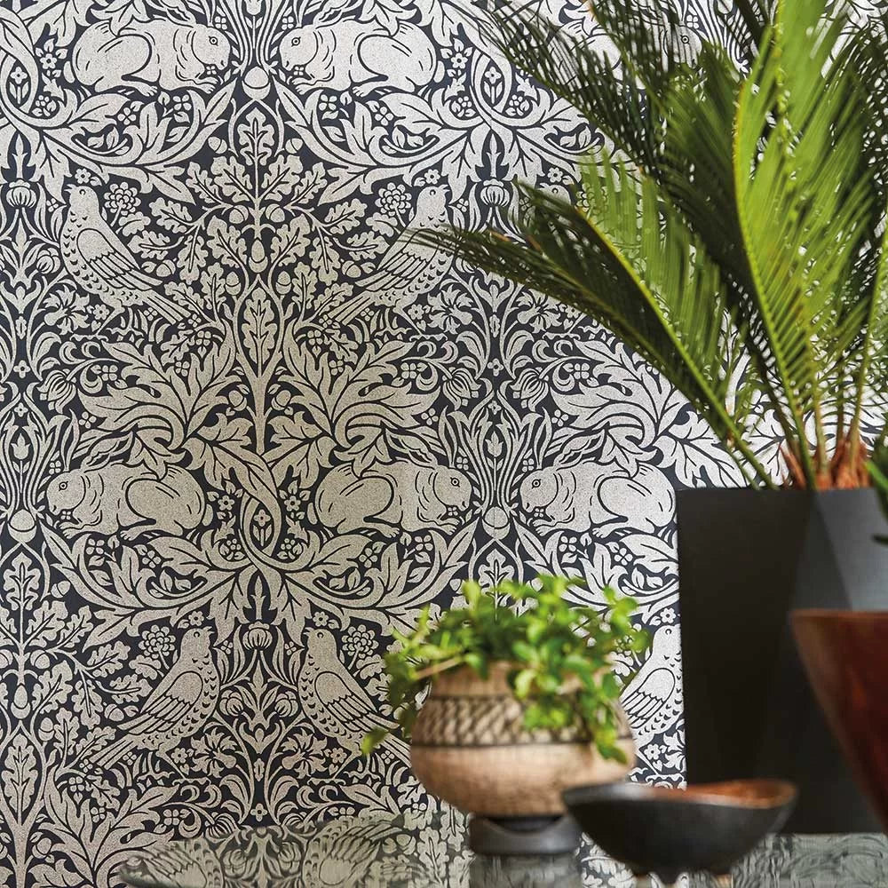 Brer Rabbit by Morris Wallpaper - Ink/Silver