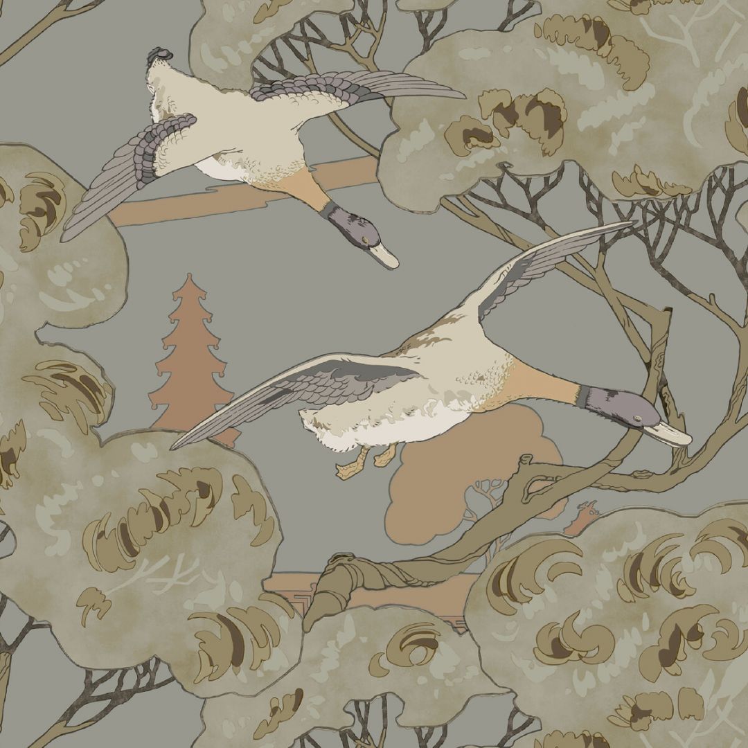 Grand Flying Ducks Wallpaper - Grey/Blue
