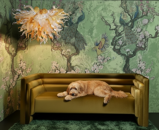 Peacock Chinoiseries - Shaggy Dog on Sofa