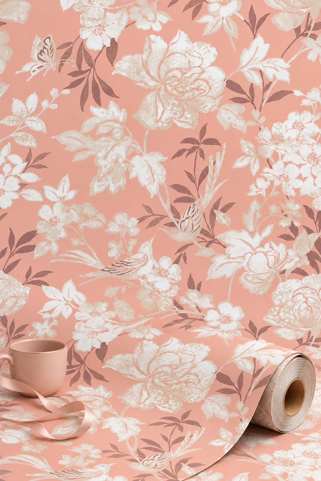 Blooms and Birds Wallpaper - Bright Blush