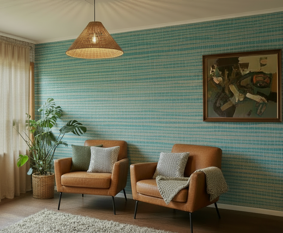 Room with two tan leather armchairs, turquoise grasscloth and natural linen curtains