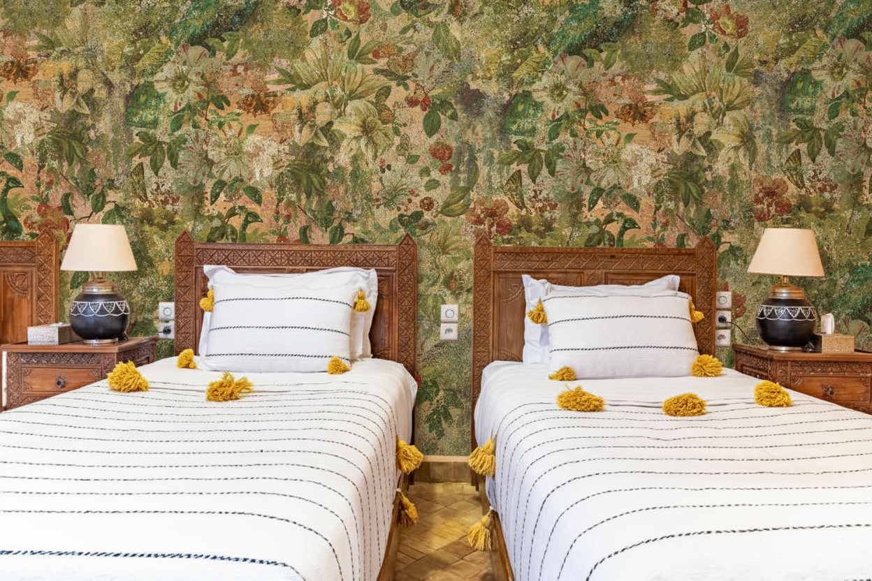 Twin bedroom with correctly scaled Thalia wallpaper
