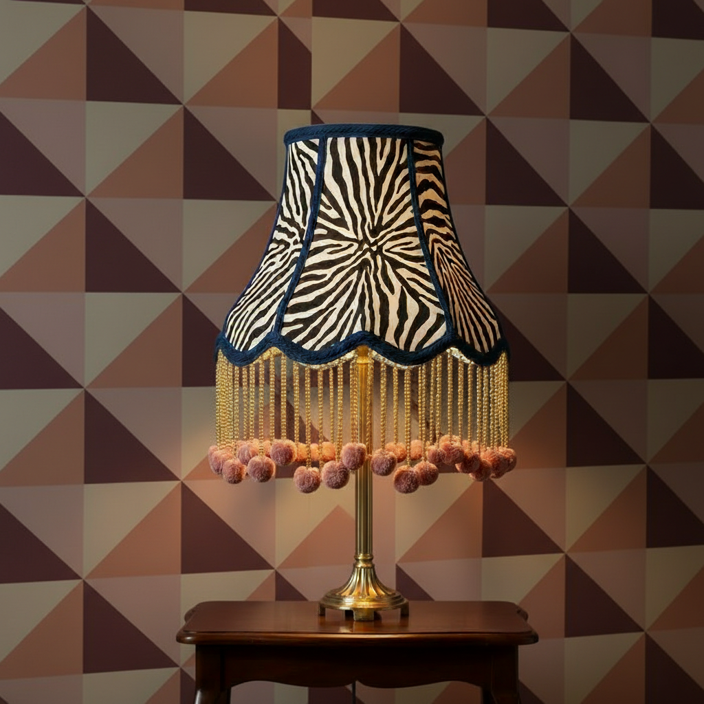 Zebra print lampshade with pink pom poms on Design NO 3 wallpaper background