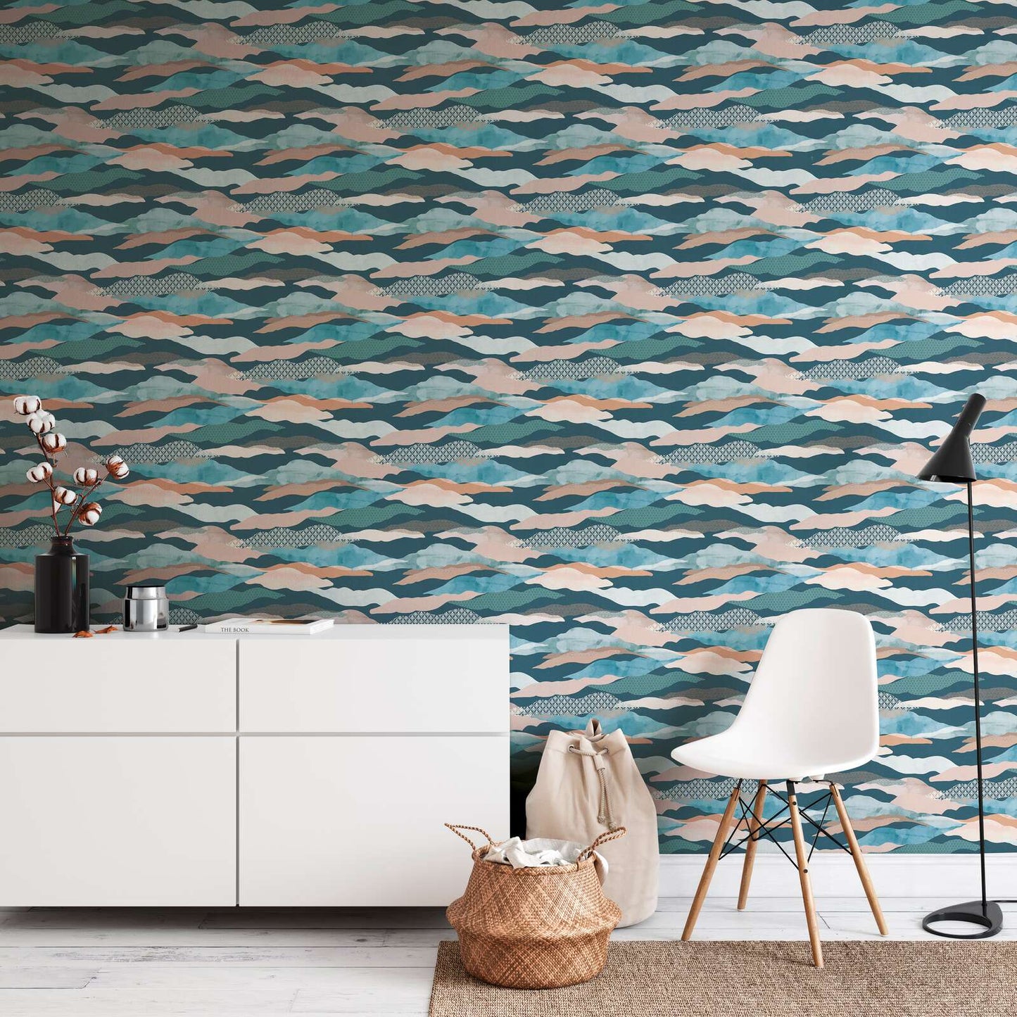 Graphic Wave and Palm Wallpaper - Blue/Green/Pink