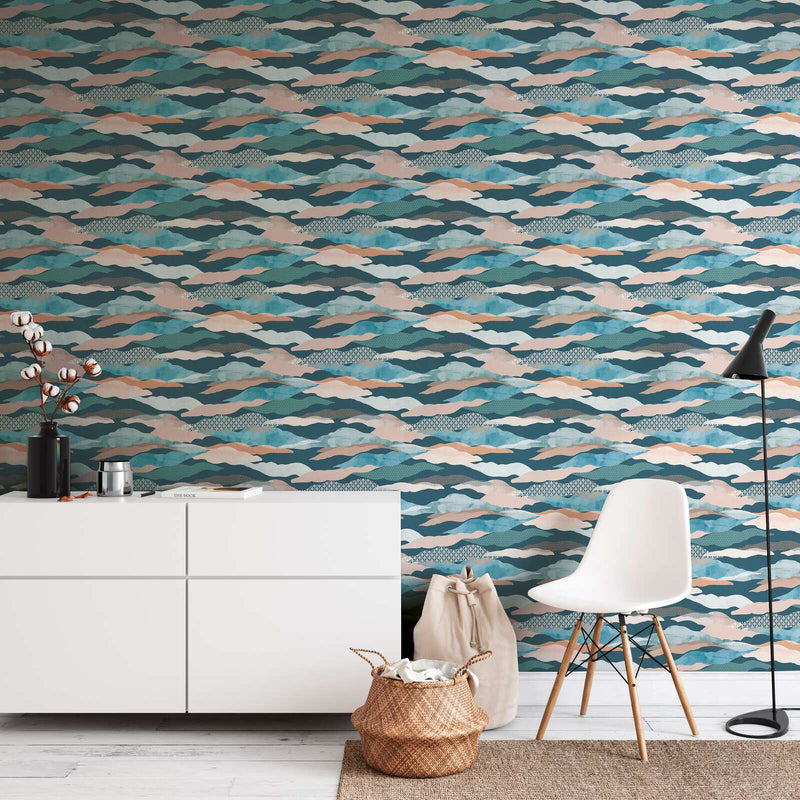 Graphic Wave and Palm Wallpaper - Blue/Green/Pink