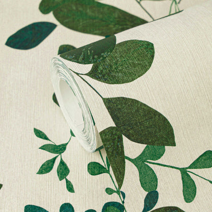 Verdant Leaf Sprig Vinyl Wallpaper – Cream/Green