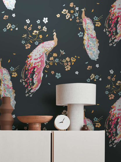 Majestic Peacock & Blossom Wallpaper - House of Turnowsky - Black