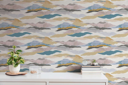 Graphic Wave and Palm Wallpaper - Blue/Pink/Beige