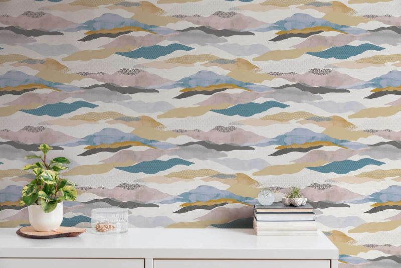 Graphic Wave and Palm Wallpaper - Blue/Pink/Beige