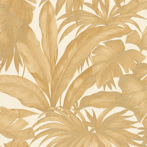 Sample - Versace Giungla Palm Leaves Wallpaper - Gold/Cream