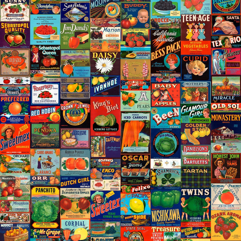 Sample - Crate Labels Wallpaper  by Mr & Mrs Vintage Wallpaper - Fruit & Vegetables Crate Labels