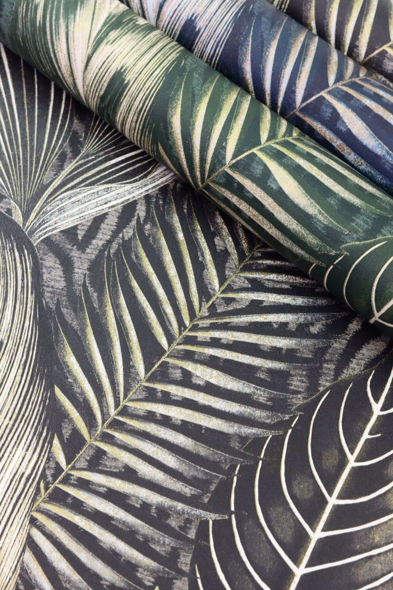 Exotic Leaves Wallpaper - Dark Blue and Copper