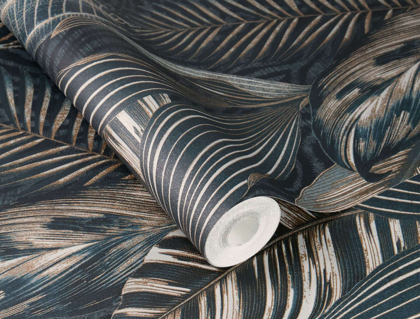 Exotic Leaves Wallpaper - Dark Blue and Copper