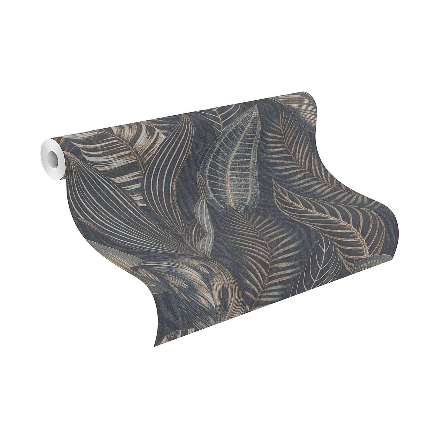 Exotic Leaves Wallpaper - Dark Blue and Copper