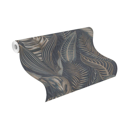 Exotic Leaves Wallpaper - Dark Blue and Copper