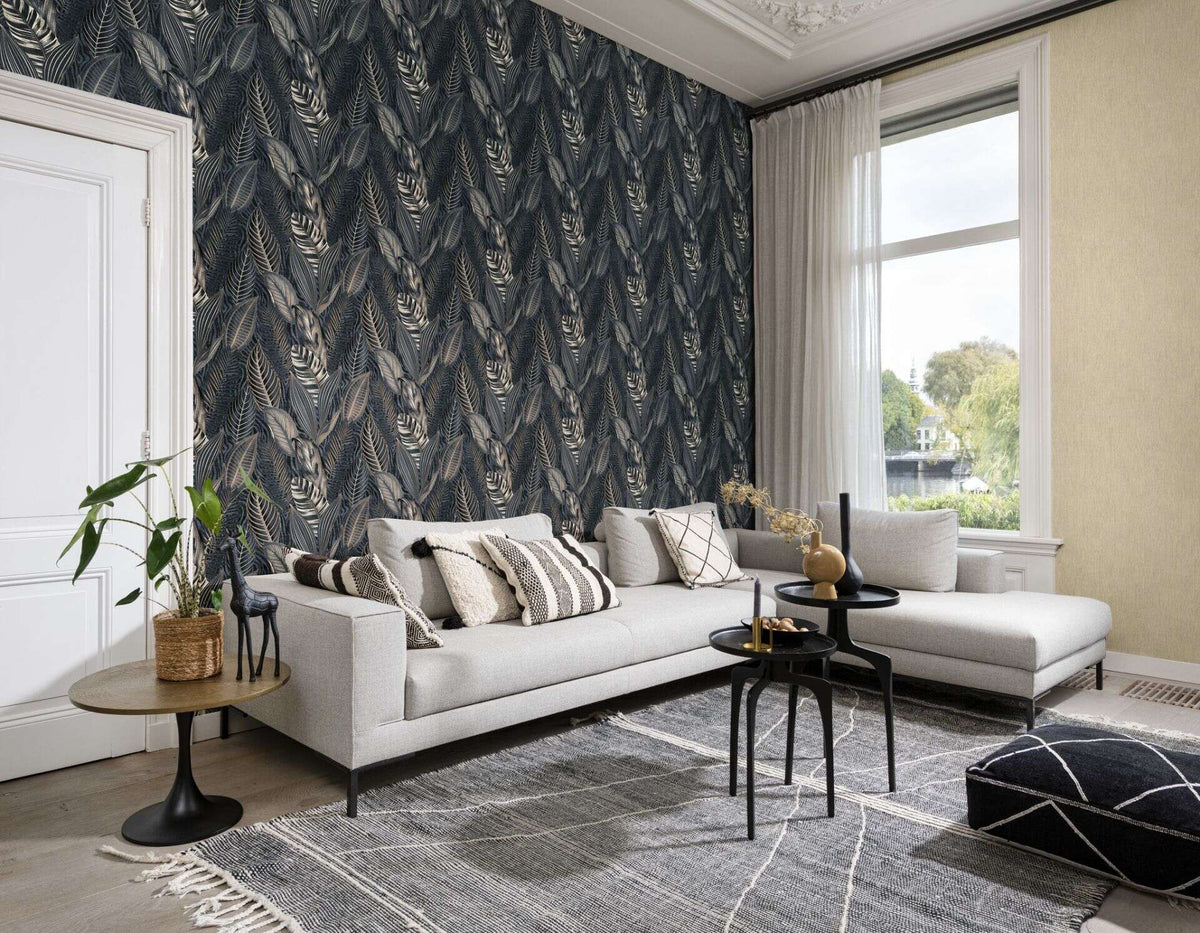 Exotic Leaves Wallpaper - Dark Blue and Copper