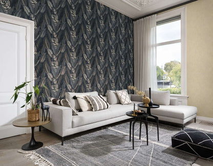 Exotic Leaves Wallpaper - Dark Blue and Copper
