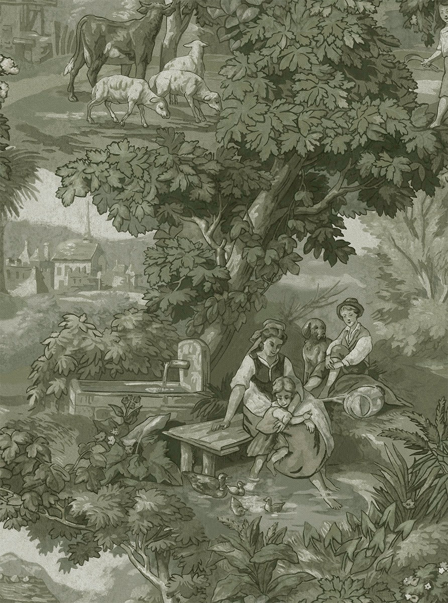 Sample - Vintage Landscape - Custom Sized Wallpaper Mural (per m2) - Antique Green