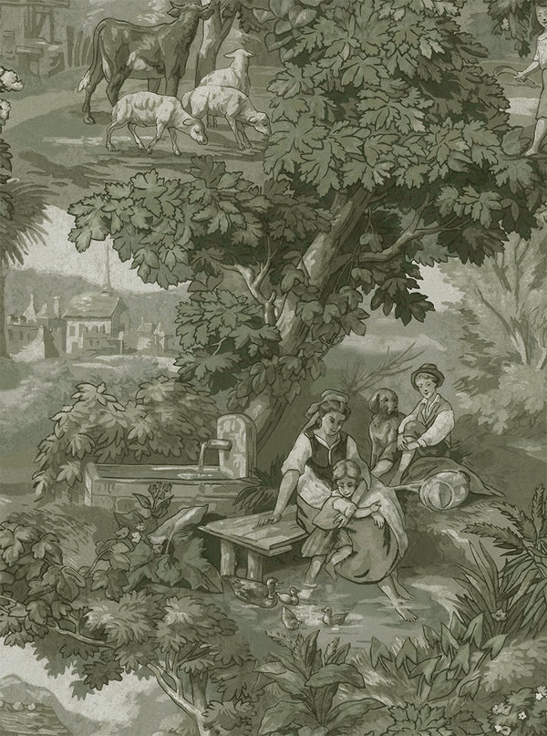 Sample - Vintage Landscape - Custom Sized Wallpaper Mural (per m2) - Antique Green