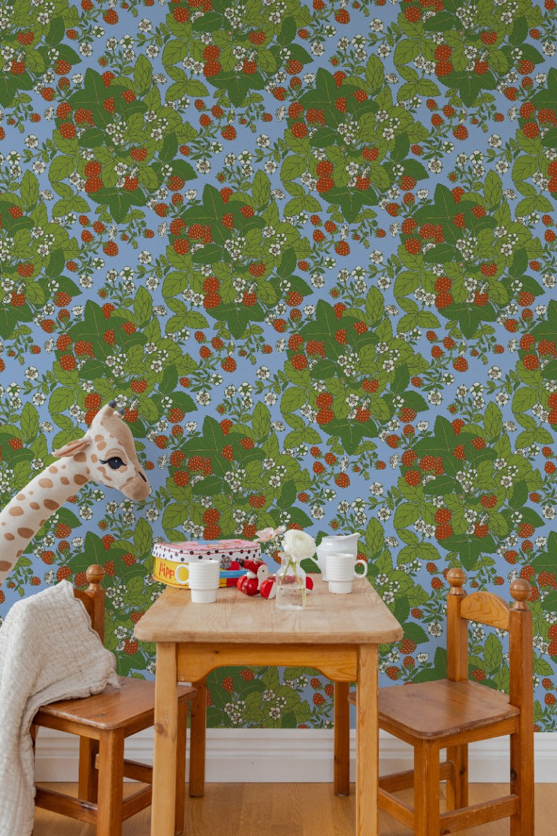 Strawberry Fields - Custom Sized Wallpaper Mural (per m2) - Blue Multi