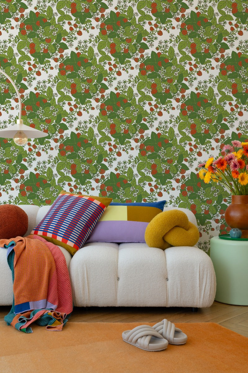 Strawberry Fields - Custom Sized Wallpaper Mural (per m2) - White Multi