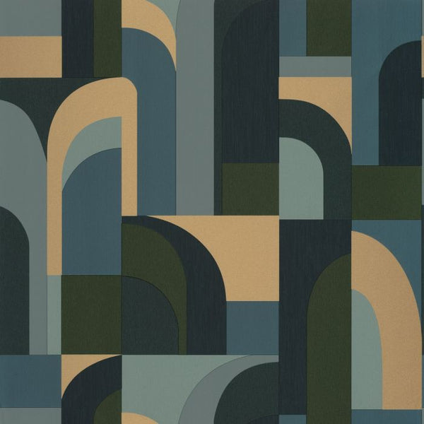 Sample - Labyrinth Doors Wallpaper - Blue Khaki Gold