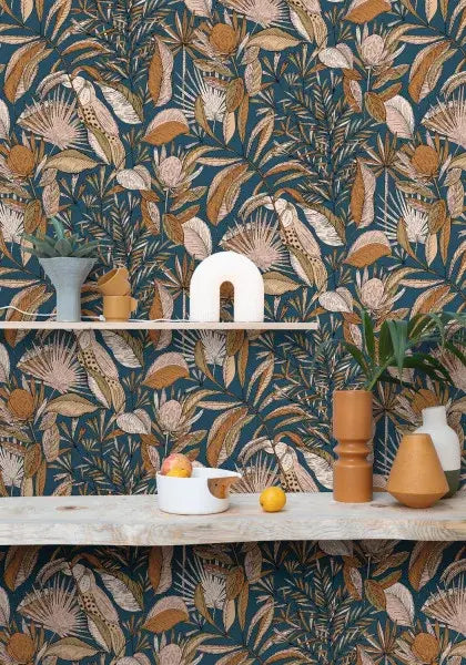 Jardin Bel Air Garden Leaf Wallpaper -  Blue Gold