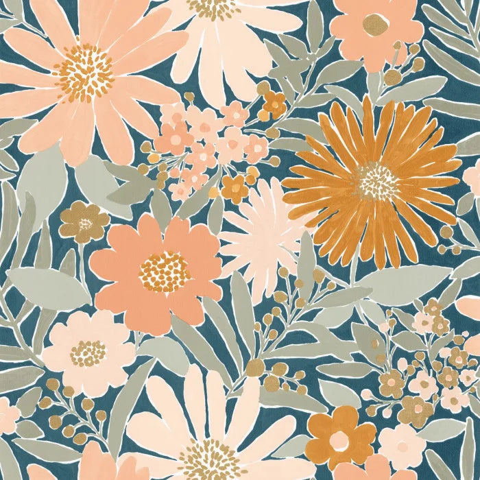 Marguerite Wallpaper - Bleu Nuit Rose