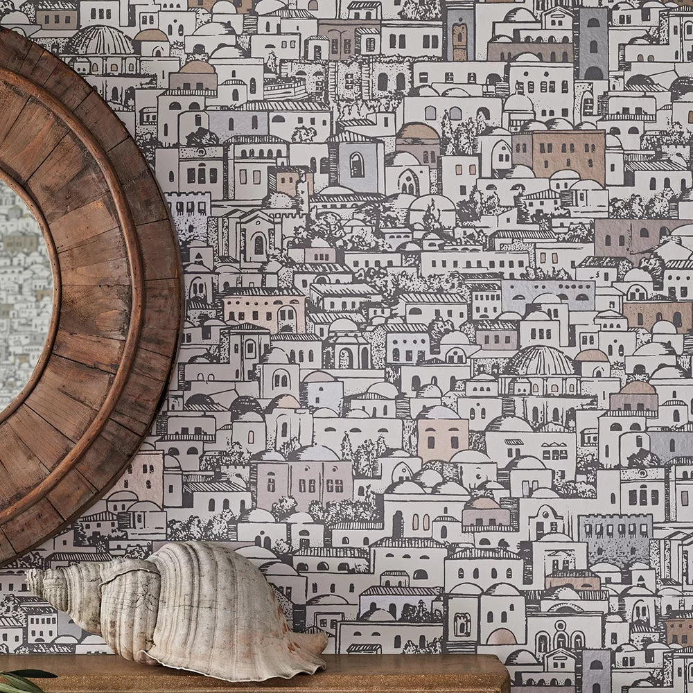 Mediterranea - Cityscape Wallpaper - Parchment & Gilver