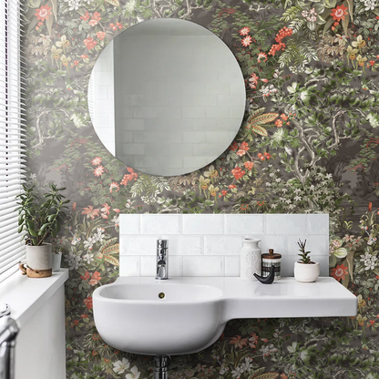 Woodland Wallpaper - Coral/Olive/Charcoal