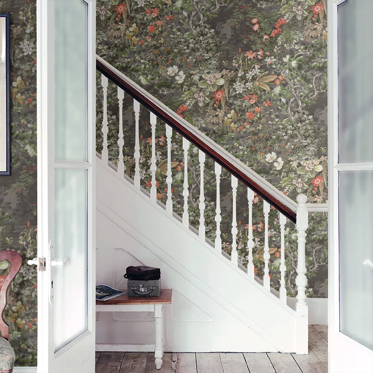 Woodland Wallpaper - Coral/Olive/Charcoal