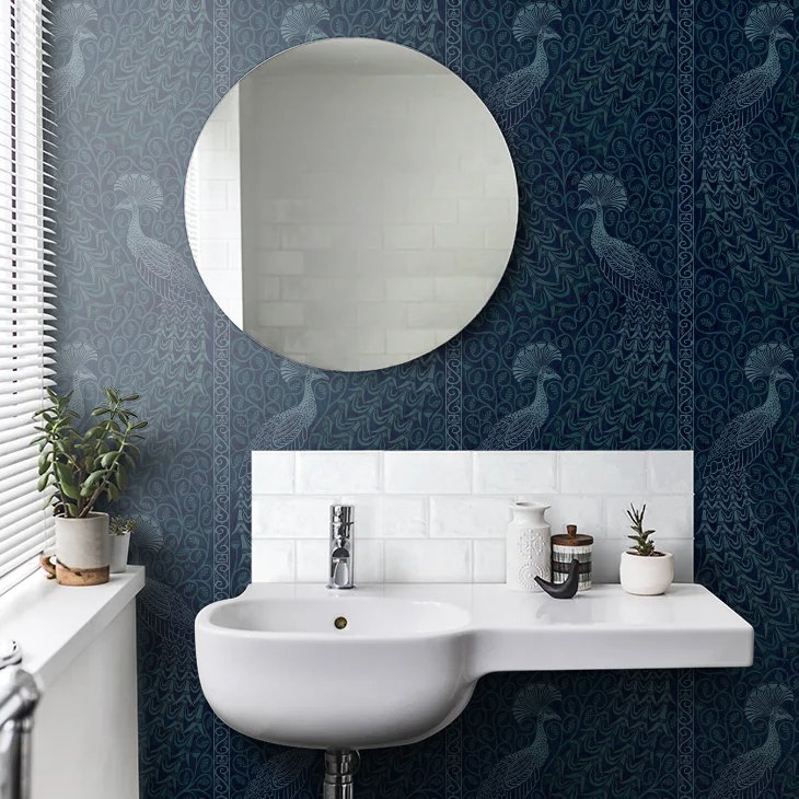 Pavo Parade Peacock Wallpaper - Metallic Petrol/Ink