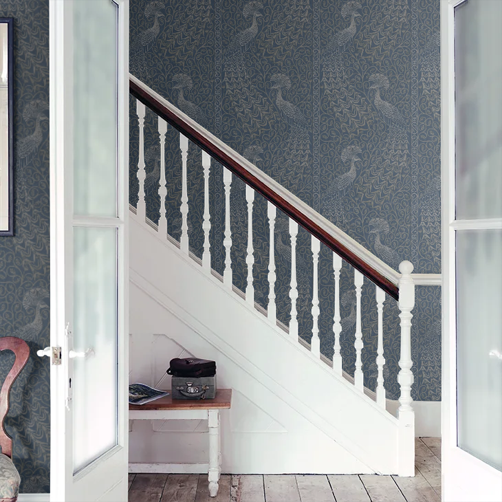 Pavo Parade Peacock Wallpaper - Metallic Silver/Denim