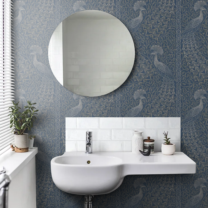 Pavo Parade Peacock Wallpaper - Metallic Silver/Denim