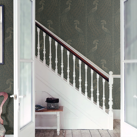 Pavo Parade Peacock Wallpaper - Metallic Gilver/Green