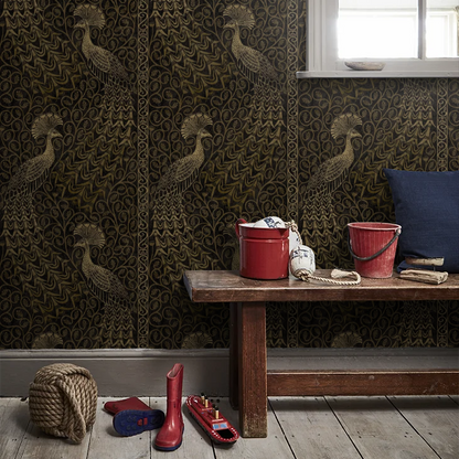 Pavo Parade Peacock Wallpaper - Metallic Gold/Soot