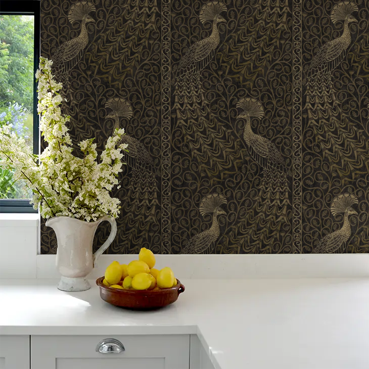 Pavo Parade Peacock Wallpaper - Metallic Gold/Soot