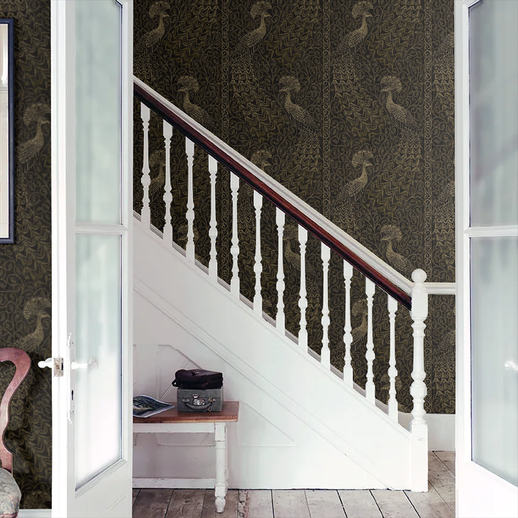 Pavo Parade Peacock Wallpaper - Metallic Gold/Soot