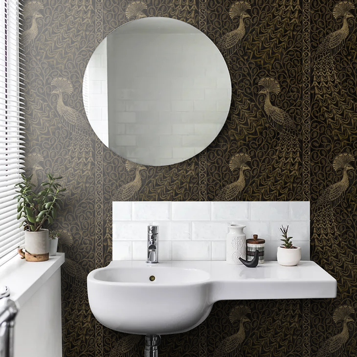 Pavo Parade Peacock Wallpaper - Metallic Gold/Soot